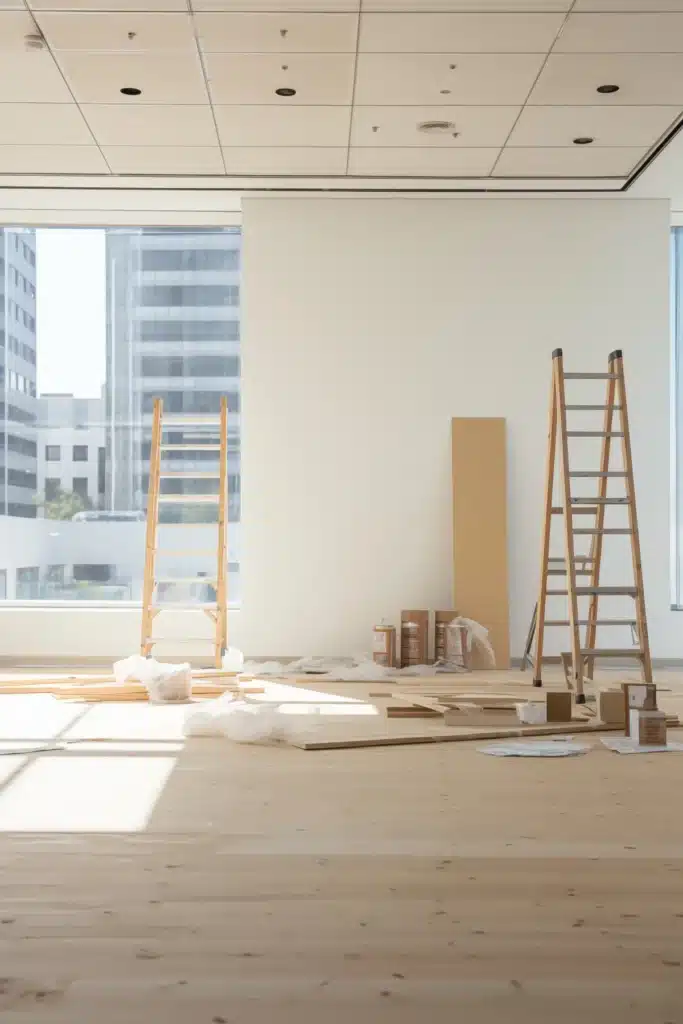 Une pièce en cours de rénovation avec du matériel et des échafaudages, illustrant un chantier visant à améliorer l’efficacité énergétique d’un local.