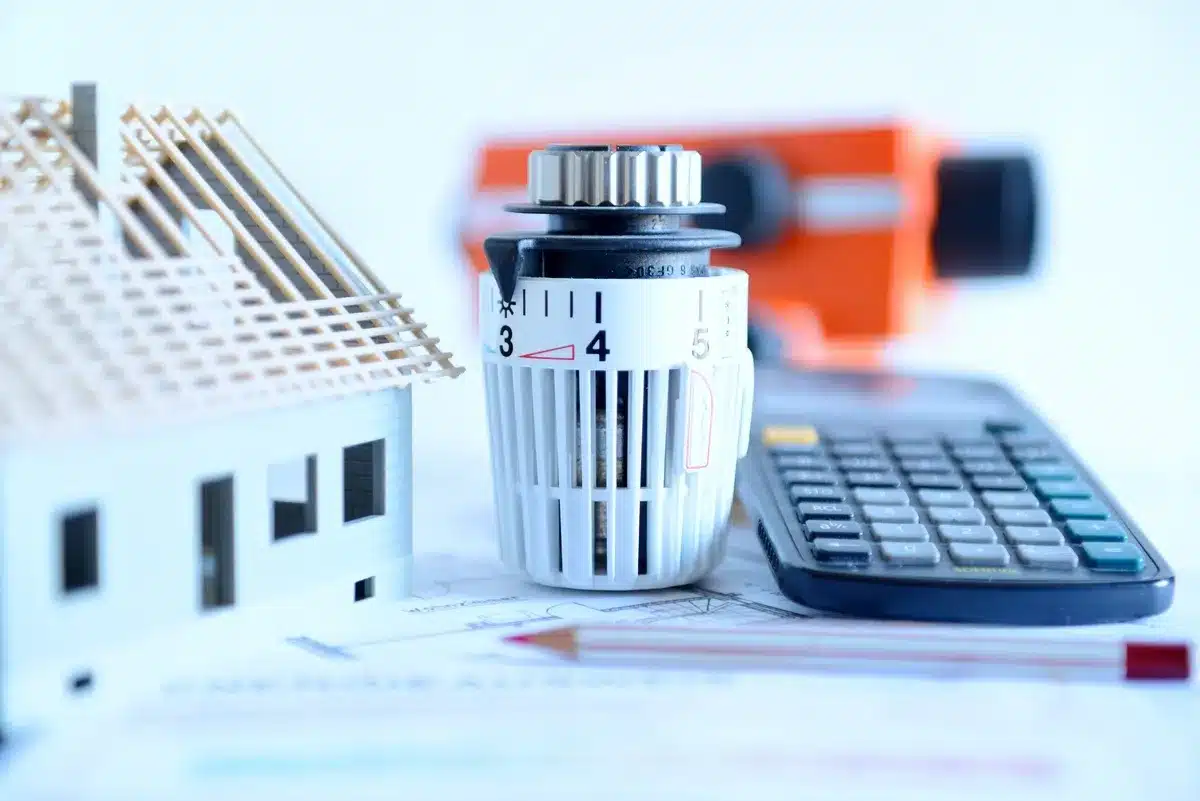 Une maquette de maison et un thermostat posés sur des plans de rénovation, symbolisant l’importance du choix du chauffage pour réduire la consommation d’énergie.